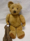 A large gold plush straw stuffed bear with glass eyes and a stitched nose with a chequered scarf