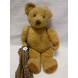 A large gold plush straw stuffed bear with glass eyes and a stitched nose with a chequered scarf