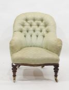 19th century rosewood framed salon chair in duck egg blue upholstery, serpentine front, on turned