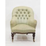 19th century rosewood framed salon chair in duck egg blue upholstery, serpentine front, on turned