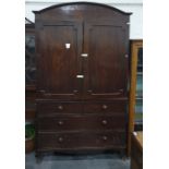 19th century mahogany linenpress with arched top, pair framed panelled doors fitted with shelving,