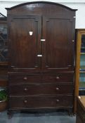 19th century mahogany linenpress with arched top, pair framed panelled doors fitted with shelving,