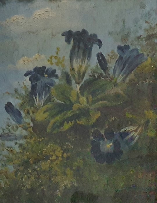 Oil on card, unattributed, study of blue flowers on mossy bank 9.5 x 9.5cm in ornate pierced gilt