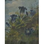 Oil on card, unattributed, study of blue flowers on mossy bank 9.5 x 9.5cm in ornate pierced gilt