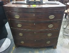 19th century mahogany and cross-banded bowfront chest of four long graduated drawers, ogee bracket