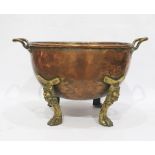 Large copper and brass two handled log pan, the copper pan having pair brass loop handles and raised