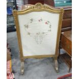 Giltwood firescreen with shell, floral and scroll pediment, inset with silk embroidered floral