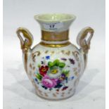 Continental porcelain two-handled upper section of a vase, 19th century, painted with flowers,