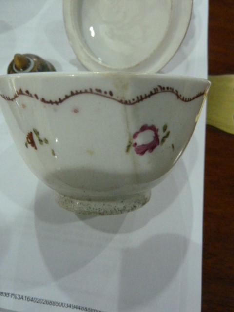19th century Capodimonte two handled chocolate cup and cover, allover embossed and painted with - Image 5 of 9