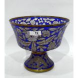 Blue and gilt painted glass pedestal bowl opaque floral and floral decoration on a blue ground