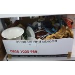 Box of assorted ceramics including two ceramic table lamps, plates, candlestick, etc (1 box)