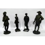 Pair of bronze standing figures of cavaliers, each with sword and on circular base, 43cm high (