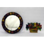 Barbola style wall mirror, circular and fruit embossed 42cm diameter and a composition wall