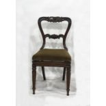 Set of four 19th century rosewood dining chairs with carved top rails and back bars, on turned and