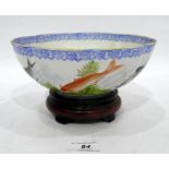 20th century Oriental fine porcelain bowl, lobed, painted with fish and character marks, blue dragon