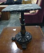 Victorian lacquered games table, mother-of-pearl inset topped with chessboard, on turned stand,