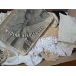 Assorted lace pieces and 'Modern Needlework in 600 Pictures' Daily Express Publication ( 1 box)