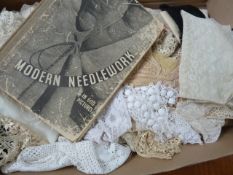 Assorted lace pieces and 'Modern Needlework in 600 Pictures' Daily Express Publication ( 1 box)