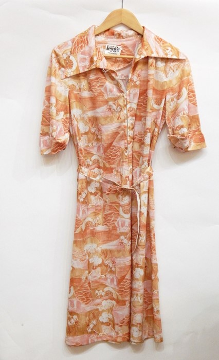 Early 1970's shirt dress by Heygirl, London; a maxi dress with floral print with short puff