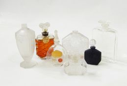 Brosseau satin and clear geometric shaped bottle with floral decoration (stopper missing), two other