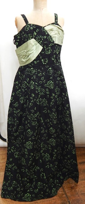 1950's vintage evening gown labelled 'Walgar London', black silk printed with velvet green and black