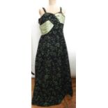 1950's vintage evening gown labelled 'Walgar London', black silk printed with velvet green and black