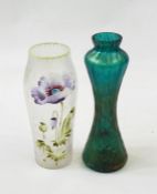 Loetz style iridescent glass vase, shouldered and waisted with panelled and scale relief