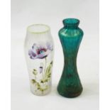 Loetz style iridescent glass vase, shouldered and waisted with panelled and scale relief