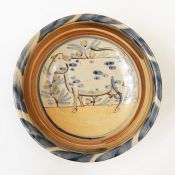 Studio pottery bowl by Andrew McGarva and Clare Casson McGarva painted with cow, 28cm diameter, a