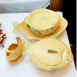 Shorter and sons pottery fish service in yellow and green, eight fish plates, serving plate, covered