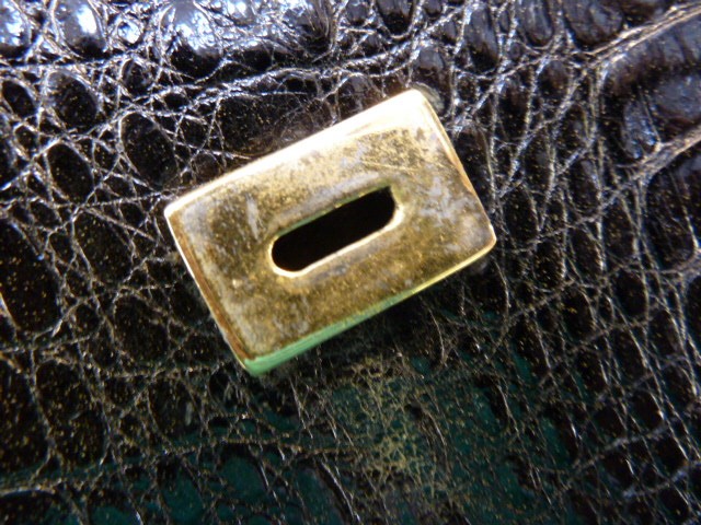 Vintage 1960's black crocodile handbag, labelled Selfridges International Collection, brass coloured - Image 5 of 6