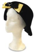 Marcelle George black velvet hat trimmed with yellow satin and black grosgrain bow, labelled '