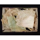 Quantity of antique lace pieces, a silk handkerchief with bobbin work border, etc (1 box)