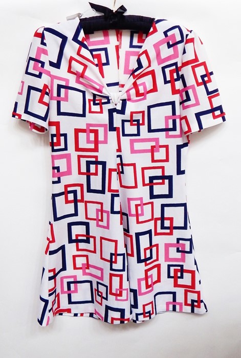 1960's cream mini dress, geometric blue, pink and red design and a pair of platform suede boots with