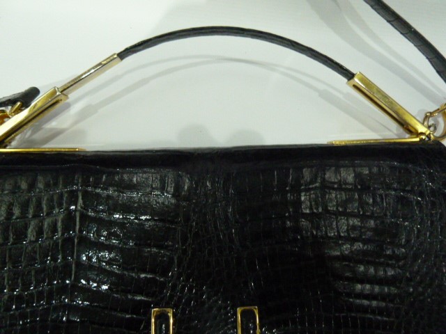 Vintage 1960's black crocodile handbag, labelled Selfridges International Collection, brass coloured - Image 2 of 6