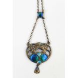 Charles Horner (1837-1896) Art Nouveau silver and enamel pendant with enamel drop, the centre with