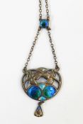 Charles Horner (1837-1896) Art Nouveau silver and enamel pendant with enamel drop, the centre with