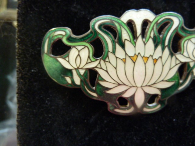 Art Nouveau sterling silver and enamel brooch, water lily to the centre, the enamel green and cream, - Image 4 of 5