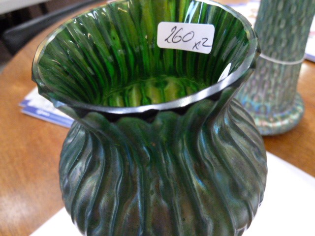 Loetz style vase, reeded and tapered droplet decoration, green blue iridescent glaze, flared base, - Image 3 of 4