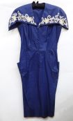 Vintage blue cotton dress with fabric coloured buttons, cape collar decorated with lace and small