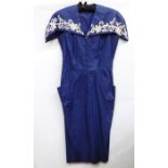 Vintage blue cotton dress with fabric coloured buttons, cape collar decorated with lace and small