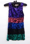 Rainbow coloured sequin mini dress, a red sequin one-shouldered cocktail dress labelled 'Diamond