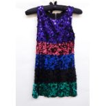 Rainbow coloured sequin mini dress, a red sequin one-shouldered cocktail dress labelled 'Diamond