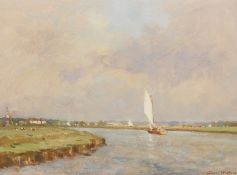 Owen Waters, oil on board, Norfolk boards "Yacht approaching Thurne mouth Norfolk", signed and