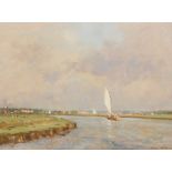 Owen Waters, oil on board, Norfolk boards "Yacht approaching Thurne mouth Norfolk", signed and