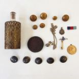 Military buttons, a scent bottle cased in a pierced brass-coloured metal frame, commemorative