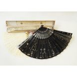 Lace fan with mother-of-pearl guards and sticks (damaged) with original box marked 'J Duvelleroy,