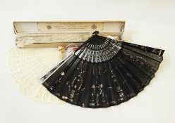 Lace fan with mother-of-pearl guards and sticks (damaged) with original box marked 'J Duvelleroy,