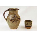 David Leach stoneware jug decorated brown stylised foliage, 25.5cm high, a similar small pot, two