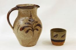 David Leach stoneware jug decorated brown stylised foliage, 25.5cm high, a similar small pot, two